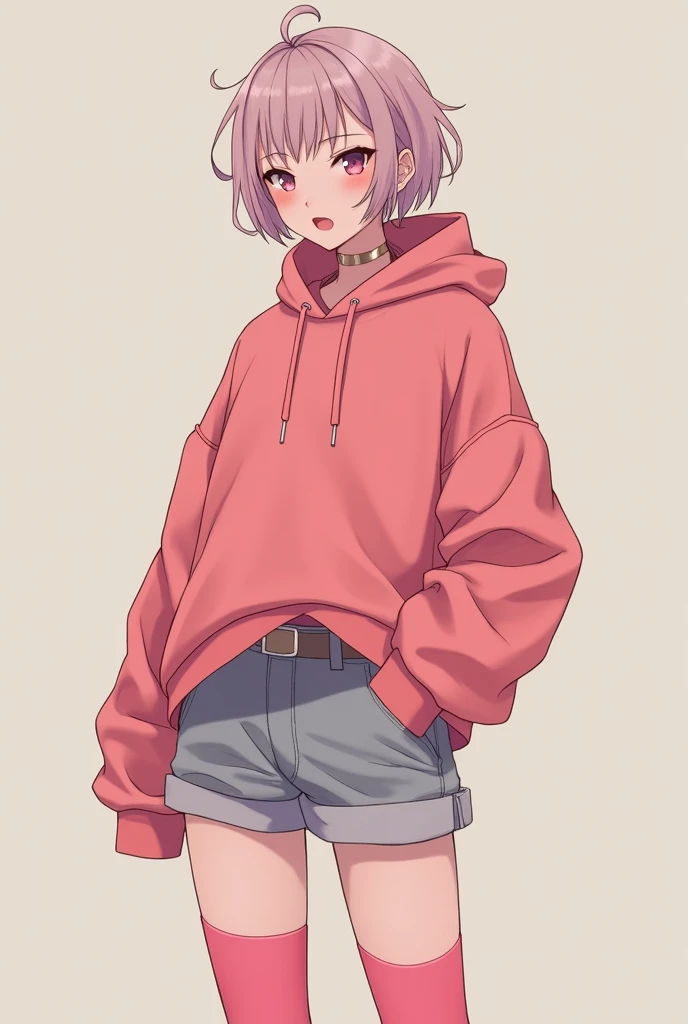 A femboy wearing pink thigh highs, a pastel red oversized hoodie and gray booty shorts with a really small amount of makeup, his hair even tho short he had styled it in a way which made it look girly