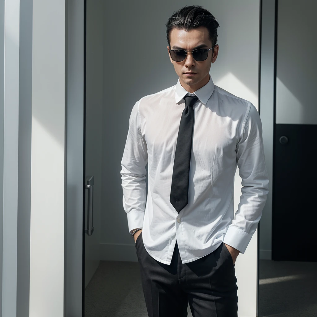 Create an ultra-realistic image of a 25-year-old man standing and facing the camera with an investor look inspired by Vegeta from Dragon Ball, talking about investments for TikTok. Include the following details:
- Hair: styled upward in a spiky, jet black fashion, reminiscent of Vegeta's hairstyle
- Eyes: sharp and intense, with a piercing gaze
- Skin: fair complexion with a confident expression
- Expression: determined and focused, with a slight smirk
- Clothing: sleek, professional suit in dark blue, with a crisp white shirt and a black tie
- Accessories: a smart watch on his wrist, and lightly tinted sunglasses pushed up on his head
- Posture: confident, standing straight with hands in his pockets
- Background: completely transparent or solid color (like white or black) with no additional elements to create a clean and unobtrusive background
- Lighting: soft, even lighting to highlight facial features, clothing details, and the reflective surface of the sunglasses
- Style: hyper-realistic with attention to detail in facial features, clothing texture, and overall presentation
- Look: professional and powerful, capturing the charisma and intensity of a seasoned investor