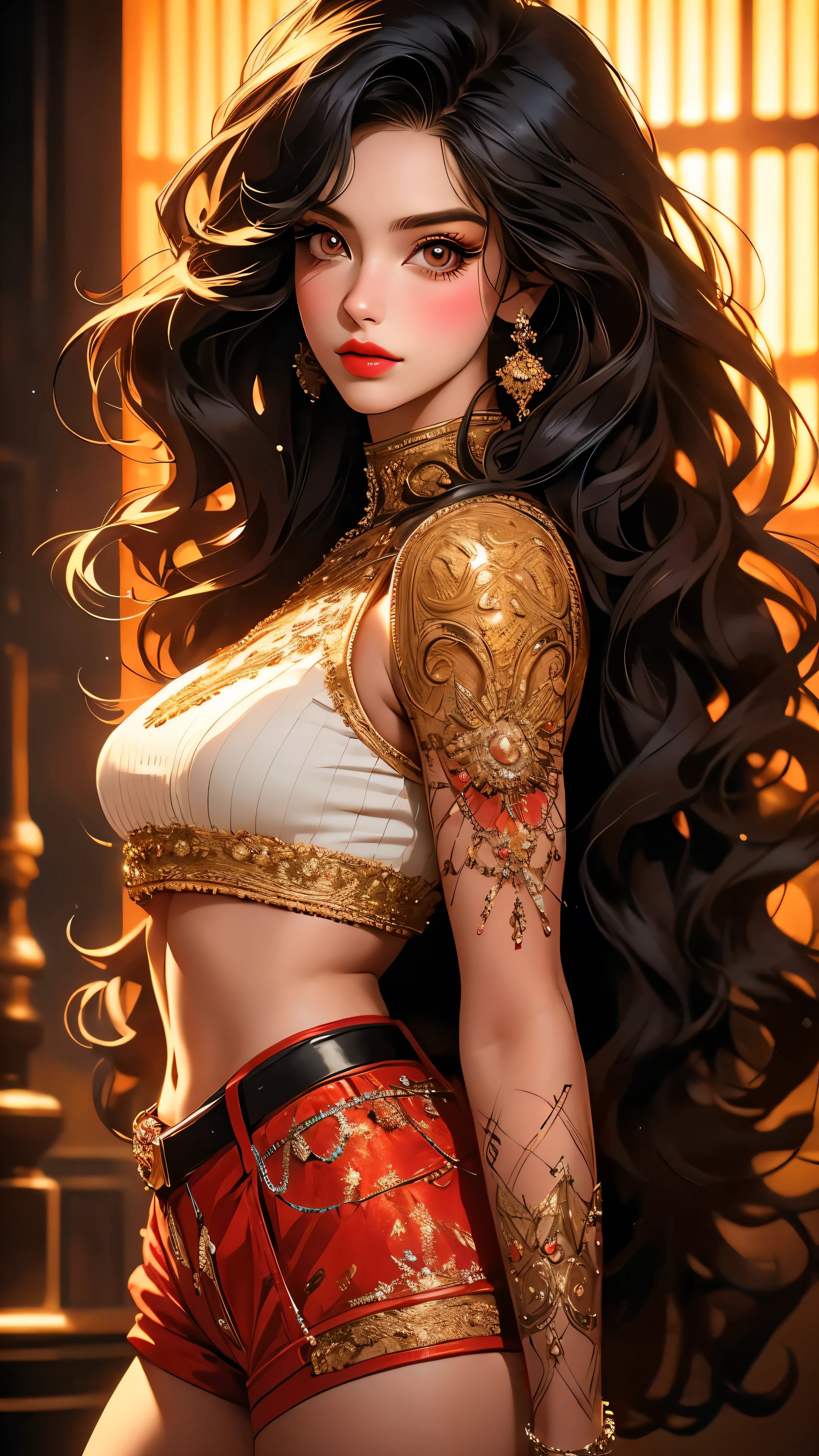 a beautiful young woman with striking, detailed eyes, wearing striped thigh-highs, red and white striped stockings, shorts, a black crop top tucked into the shorts, and a belt, with long curly hair, beautiful detailed eyes and lips, an extremely detailed face, long eyelashes, medium bust, nipples covered, under studio lighting, highly detailed, cinematic lighting, photorealistic, realistic skin texture, in a dynamic pose, with intricate details, a warm color palette, glowing skin, hyper detailed, vibrant colors, award winning photography, ethereal, elegant, alluring, portrait