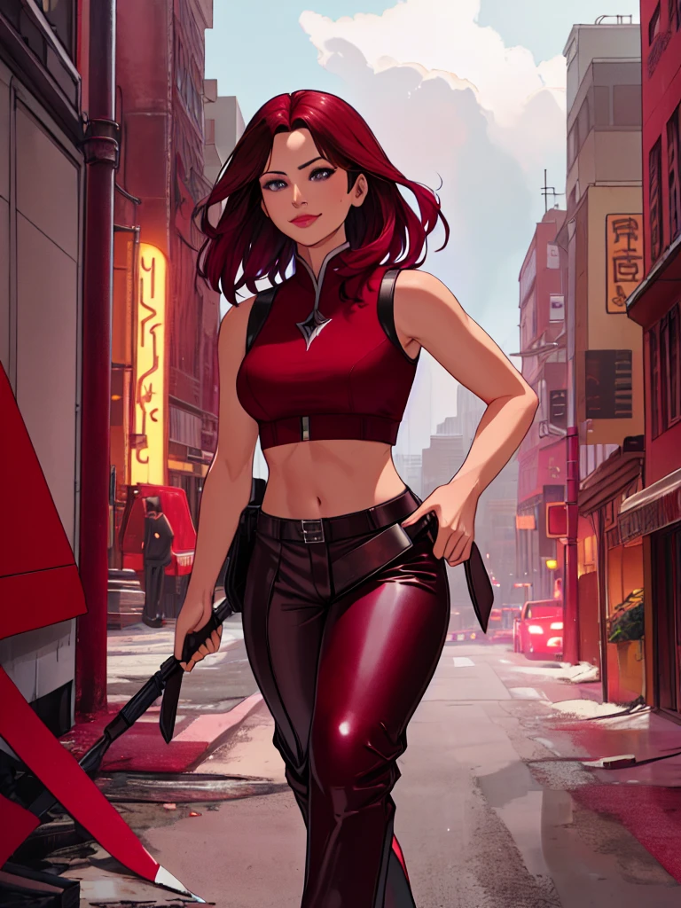 j3nn1f3rg-v1, Elektra Marvel, brown hair, smilling, Burgundy Tactical leather . leather uniform, (leather pants), (burgundy pants:1.5),photography,ultra details, vivid colors,light and shadows effects,, dramatic atmosphere,sharp focus, destroy city background, Sleeveless, .Burgundy sleeveless uniform, 