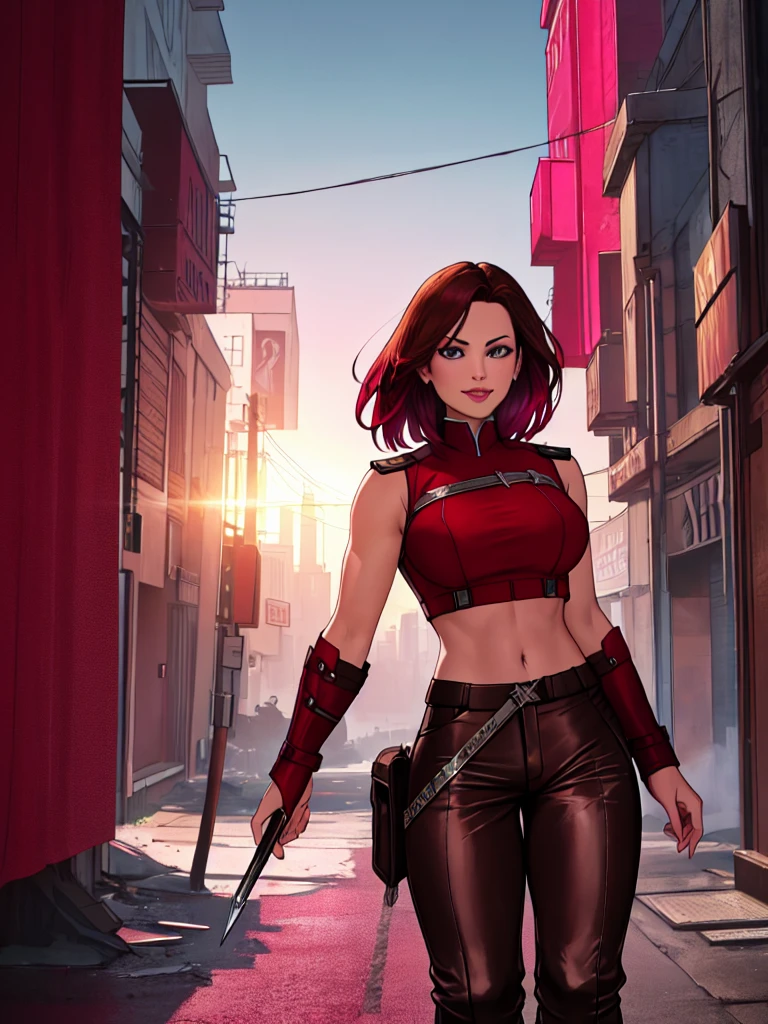 j3nn1f3rg-v1, Elektra Marvel, brown hair, smilling, Burgundy Tactical leather . leather uniform, (leather pants), (burgundy pants:1.5),photography,ultra details, vivid colors,light and shadows effects,, dramatic atmosphere,sharp focus, destroy city background, Sleeveless, .Burgundy sleeveless uniform, 