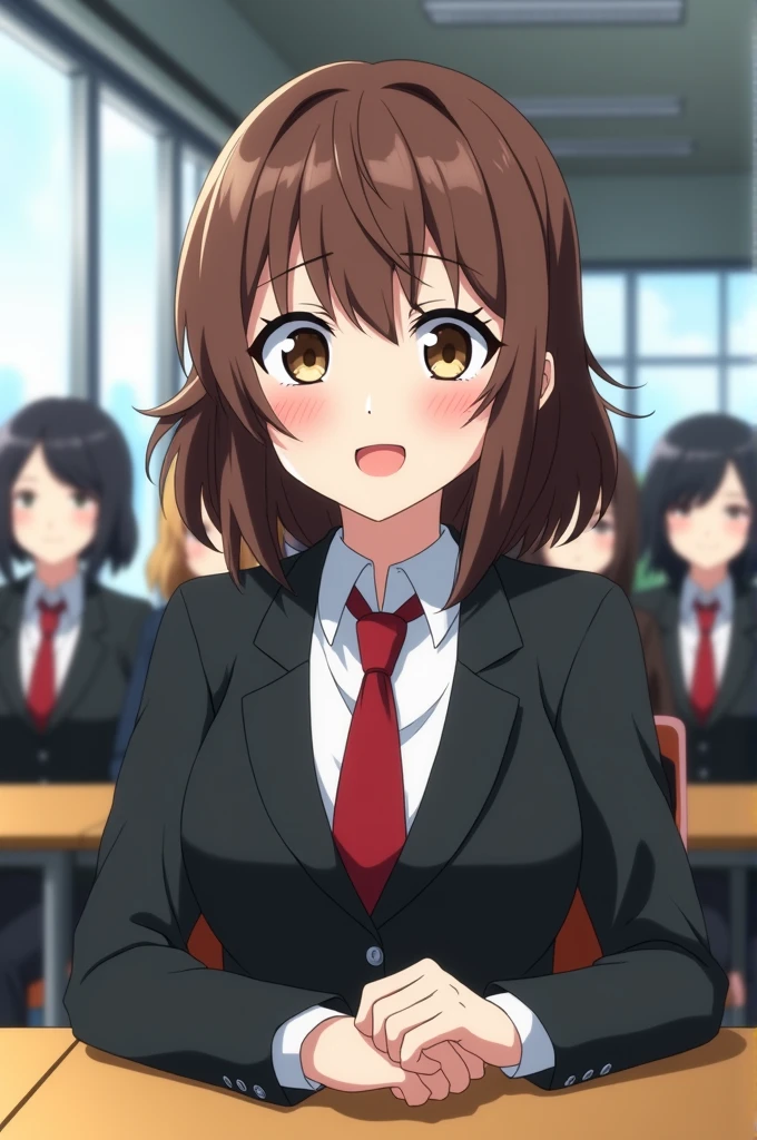 My hero academia screenshot.
Girl with medium short brown layered hair,
with bangs. that has brown eyes and has a happy expression. She is wearing the UA uniform and in the background she has a UA school class and she is sitting at a table.