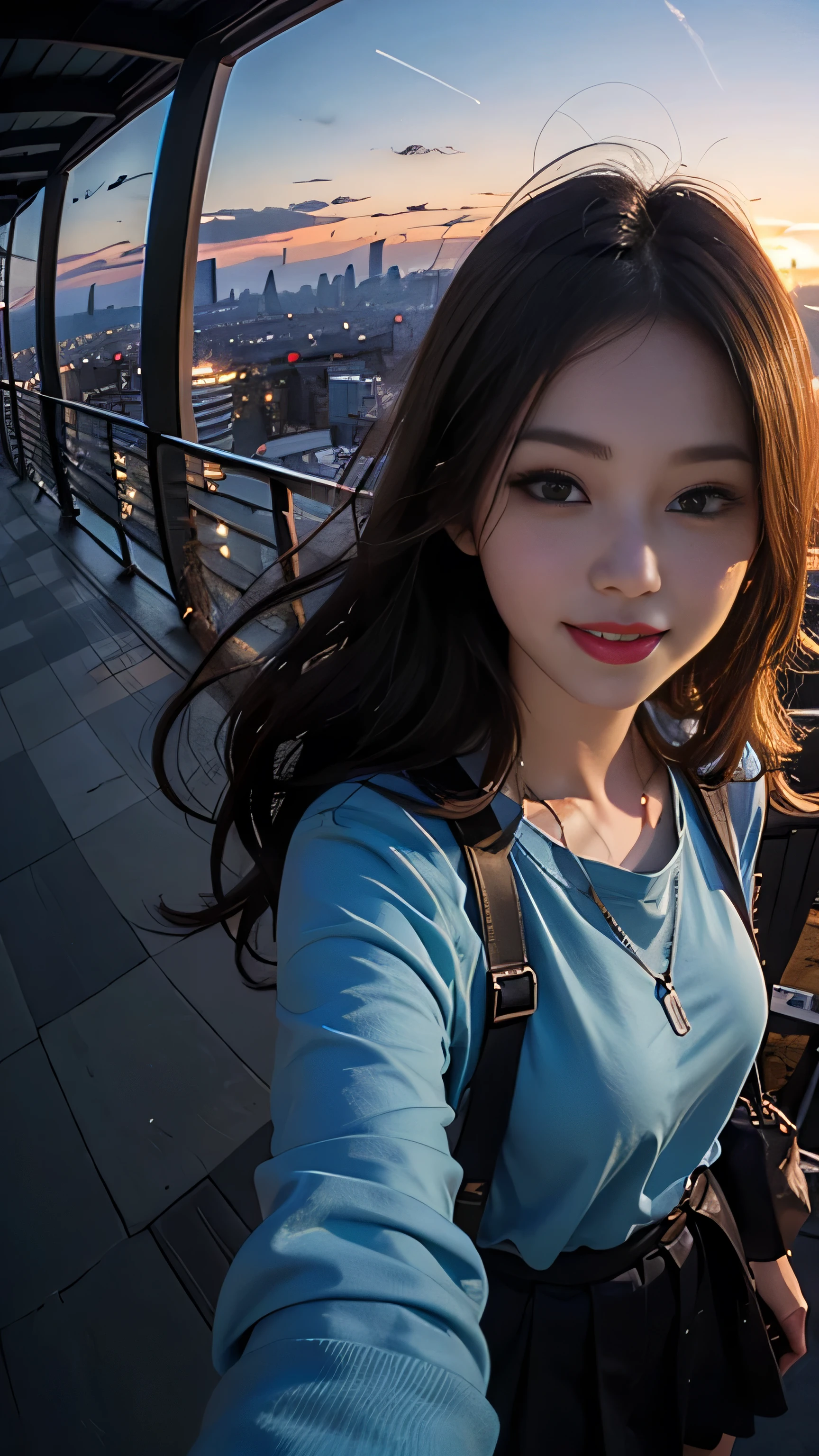 One girl, Korean, Fisheye Lens, Selfie, Wind, Messy Hair, sunset, Cityscape, (Aesthetics and atmosphere:1.2),smile