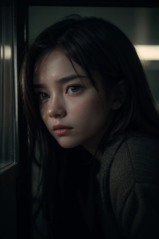 REALISTIC CINEMATIC MACRO IMAGE FULL HD 8K. 9: 16 format, great depth of field (f-stop). a person in a dark night, worried, with difficulties. Seeking a way out