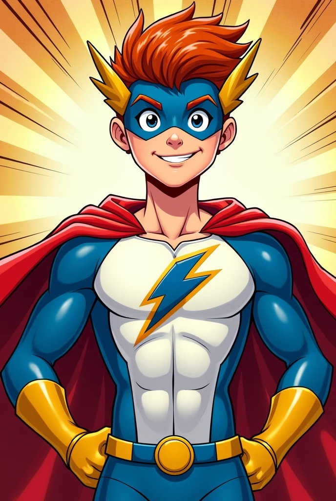 create for me a male 18-19 years old superhero in white costume, blue and yellow details, the red cape and a blue mask that covers the eyes with golden lightning bolt ears as well as the lightning bolt symbol on the chest and fingerless gloves, russet hair, and you are smiling, comic style