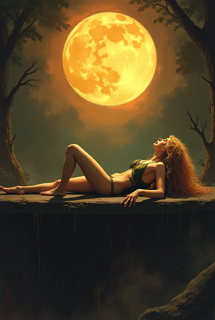 a Sprite female laying on a table, in a dark sun fantasy art style