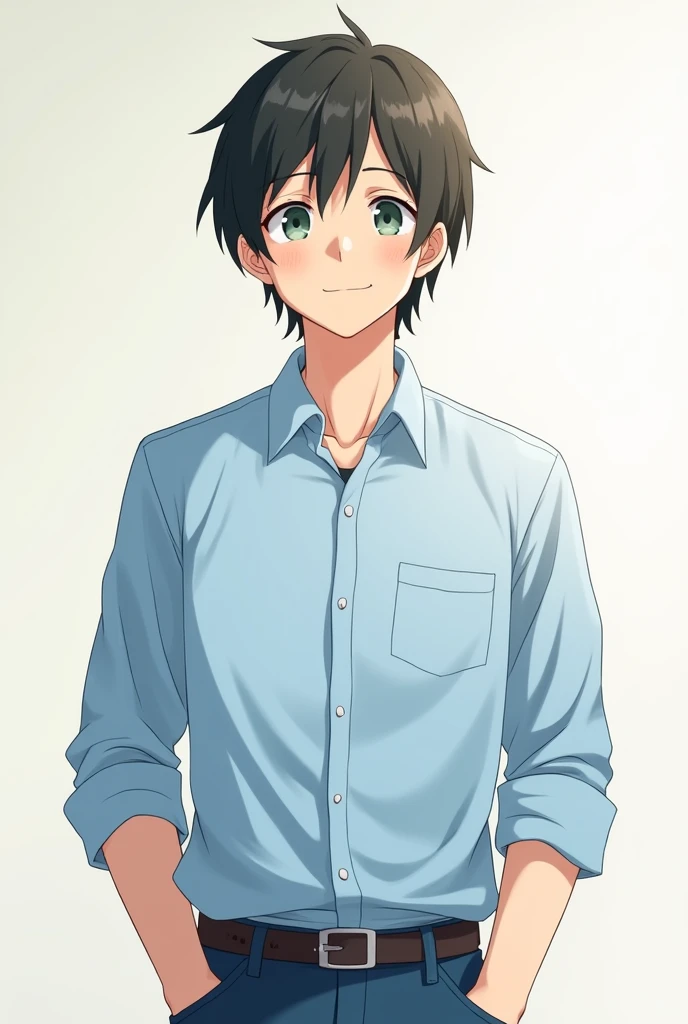 Medium hair boy, anime style and Japan style, with green eyes, light blue dress shirt with 3 buttons on the collar and jeans, smiling with his mouth closed, embarrassed and 35 years old.