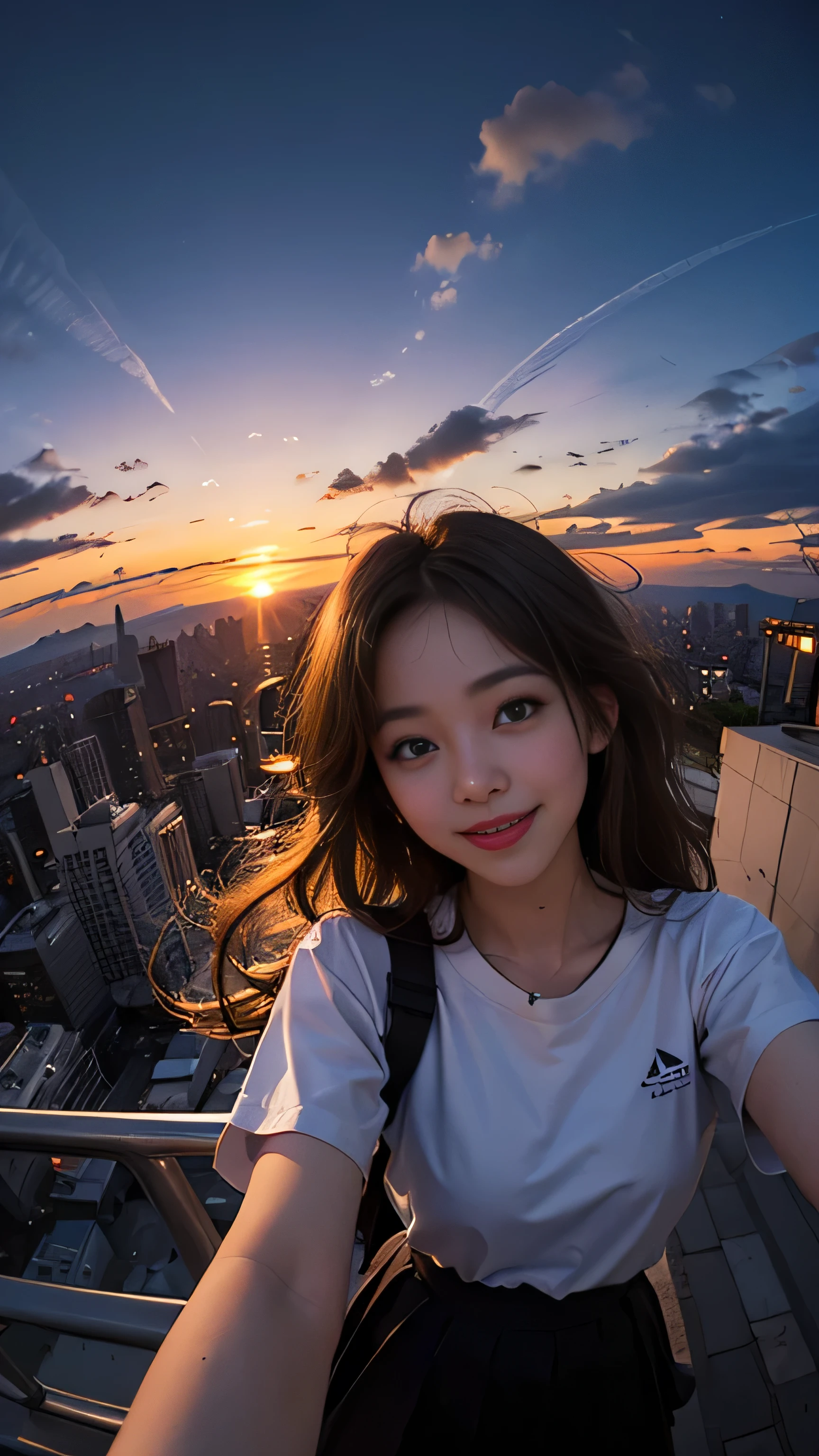 One girl, Korean, Fisheye Lens, Selfie, Wind, Messy Hair, sunset, Cityscape, (Aesthetics and atmosphere:1.2),smile
