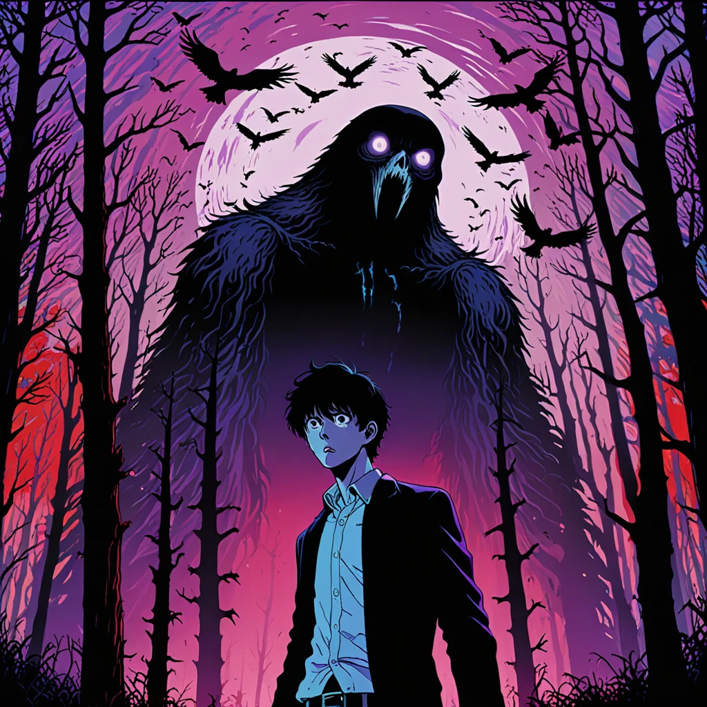 illust、art、from 80s horror movie, directed by Junji Ito、in the forest、A man with a scared expression、Countless crows are flying into the sky, The silhouette of a giant monster towering into the sky、Overaction、Overreaction、Hanging corpse、high detail, realsitic shadow、Analog style, vhs style, 8mm film, chromatic aberration, Dvd screengrab、Blue-purple and red-purple gradation、The man expression is clear