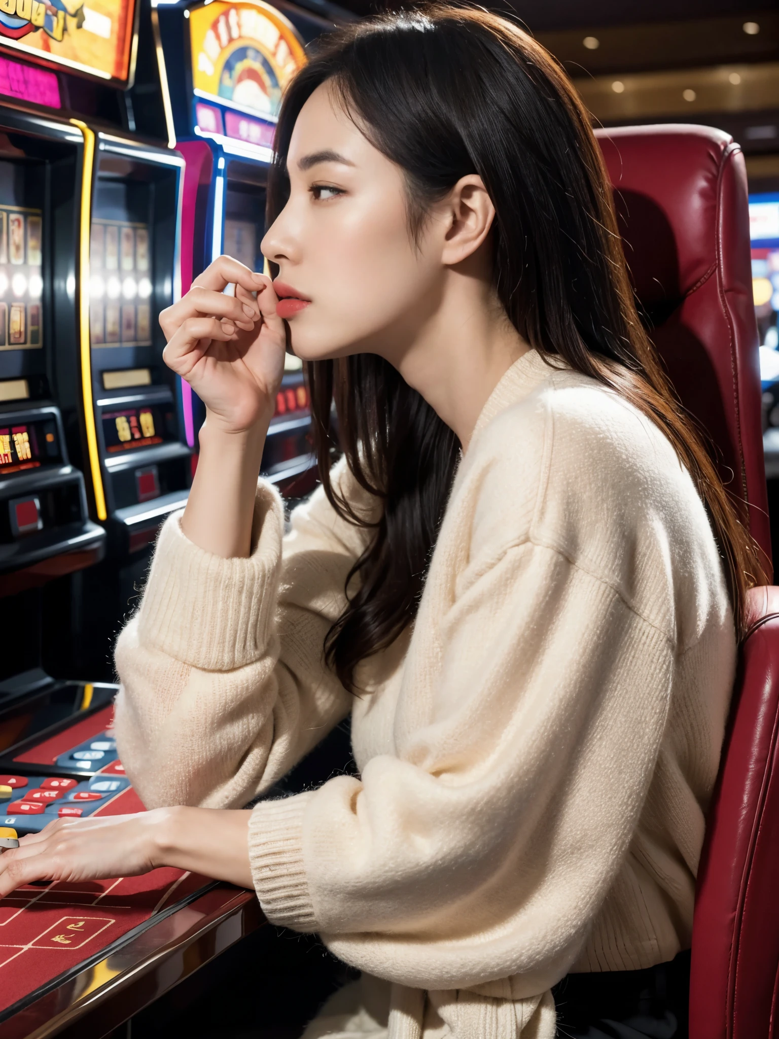 profile, 1 girl, mature female, solo ,beautiful face, Japanese girl , play gamble, in casino, skill is master ,No 1 of Hong Kong,glaring, angry, sitting play on chair, play Slot machine, Surrealism, UHD, masterpiece, accurate, anatomically correct, textured skin, ((masterpiece, Highest quality, masterpiece, God-like quality, Godly art, Very realistic))