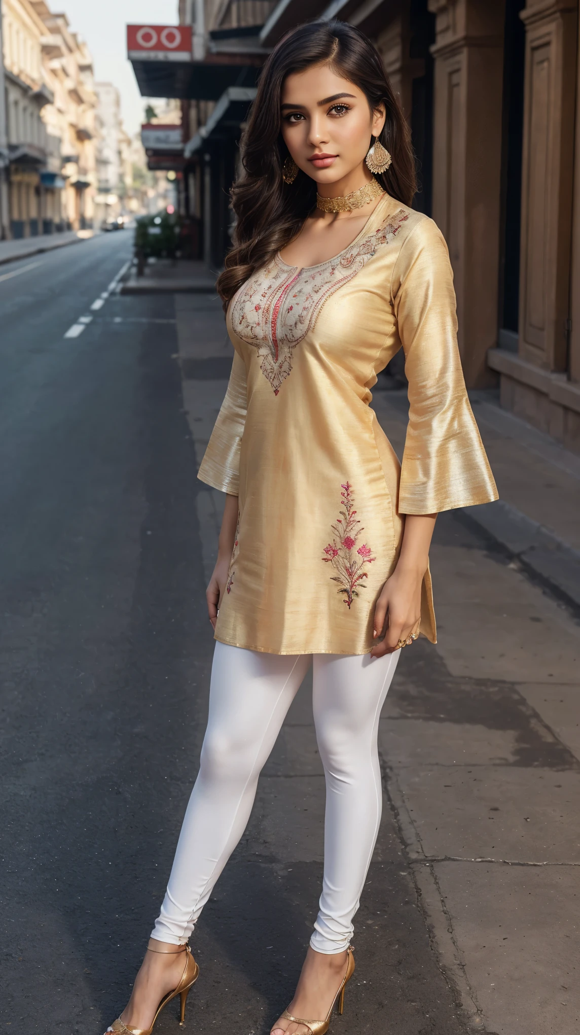 ((photo of 20 year old beautiful girl, beautiful and charming girl)), ,
(Girl on street road),
((Full body shot:1.5)), (full body in picture), (full body photo Close-up photo of the shin), (Indian babe), (attention standing posture, separate legs), (looking at viewers, front view shot),
best quality, movie studio lighting, illustration at Very detailed, ultra high resolution, depth of field, caustic, natural shading, masterpiece, hyper realistic, hyper detailed, photorealists, 8K, HDR, High resolution, (1girl), complicated details, extremely detailed, candid picture, candid shots, extreme detailed, highest detailed, (iconic picture shot, perfect brightness, perfect contrast),
(hair is one eye, purple eyes, Golden blonde hair, side bangs, sharp eyeliner, blush eyeshadow with thick eyelashes, lip gloss very delicate and beautiful, round chin, round earrings, sharp eyes, letter choker, symmetrical eyes), ,
(pretty face, iconic face), (detailed face, detailed eye, detailed lips, detailed neck, ultra realistic face, ultra realistic eye, ultra realistic lips), (attractive hair style, detailed hair style), ((Perfect breasts, perfect symmetrical breasts, attractive breasts, perky breasts, perfect rounded breasts, attractive breasts, realistic symmetrical breasts)), (attractive body figure, perfect body figure, perfect figure, curvy_figure, straight body figure, wide body posture), skin_tight,
(beautiful High heels),
(beautiful girl in Indian outfits), ,
((fancy kurta, embroidery kurta, bodycon kurta, luxury kurta, masterpiece kurta, flared kurta, fancy skinny sleeves of kurta), (fancy leggings, beautiful leggings)), ,