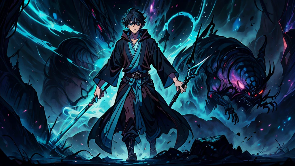 -High quality- -masterpiece- -Anime style- a man with black hair, light blue eyes, handsome, slim, wearing a brown wizard's robe, holding a long magic staff, walking around a dark cave with scary spiders, serious expression
