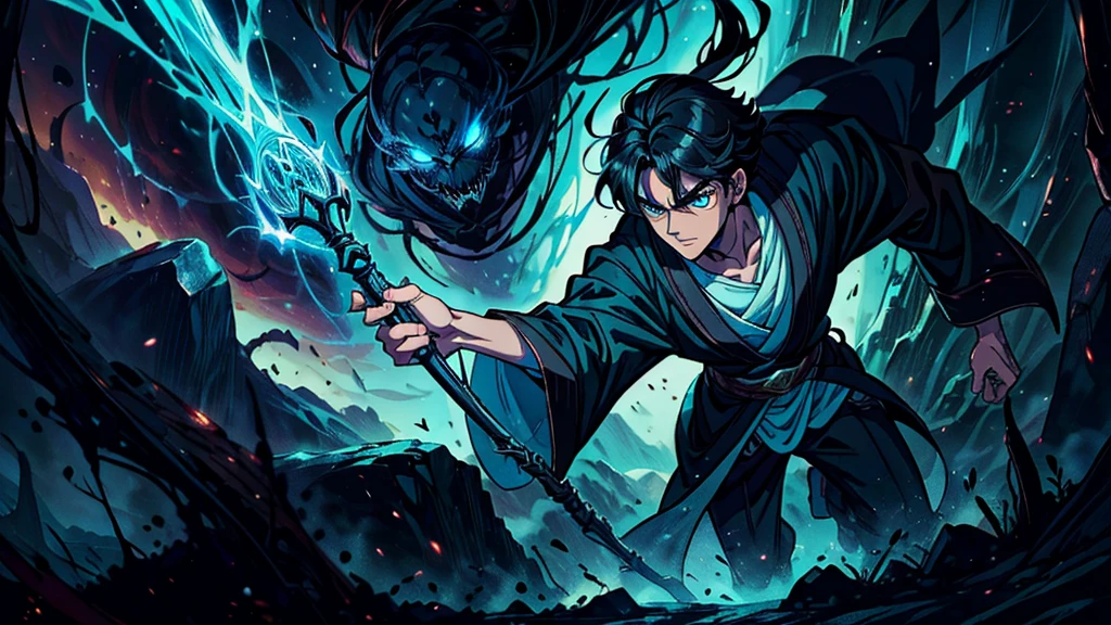 -High quality- -masterpiece- -Anime style- a man with black hair, light blue eyes, handsome, slim, wearing a brown wizard's robe, holding a long magic staff, walking around a dark cave with scary spiders, serious expression
