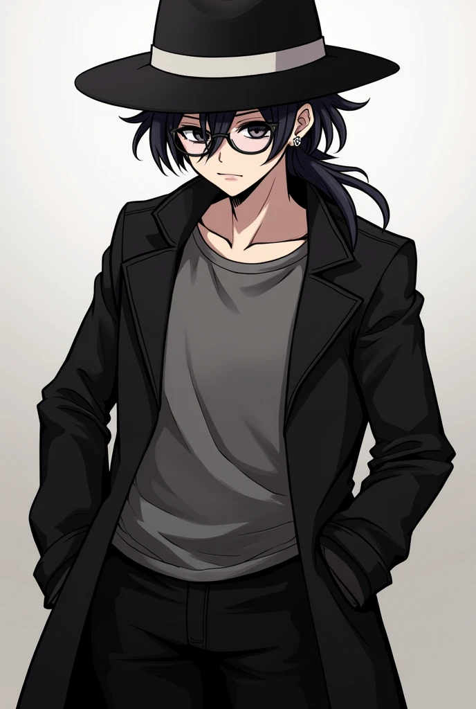 A man in a hat, he is wearing a hat, board story style, persona 5 phantom thief style, elegant dream demon, wearing fedora hat has a white stripe on it, octopath traveller style, wearing a black overcoat with a gray t-shirt with black pants and round glasses, he has a sad expression with big dark circles under his eyes, with a very effeminate appearance with cross earrings in her ears, with the hair shaved on the sides looking like a mullet