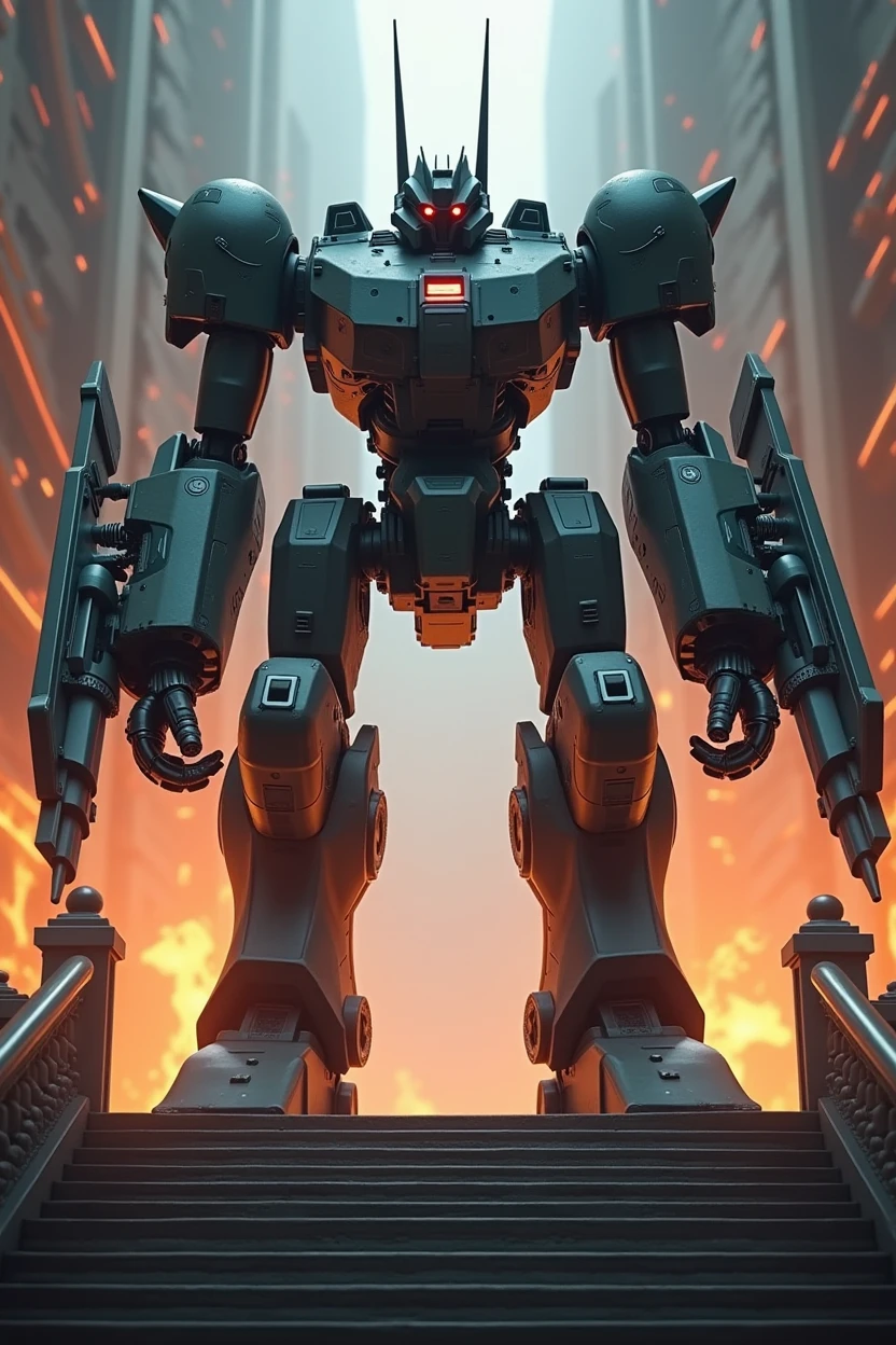 (Artwork:1.2), (best quality:1.2), 8k, HDR, ultra detaild, ((photorrealistic)), professional light, cinematic lighting, fashion shooting, ambient lighting, epic photo, fire, staircase, A war robot, weapons instead of arms , non-humanoid