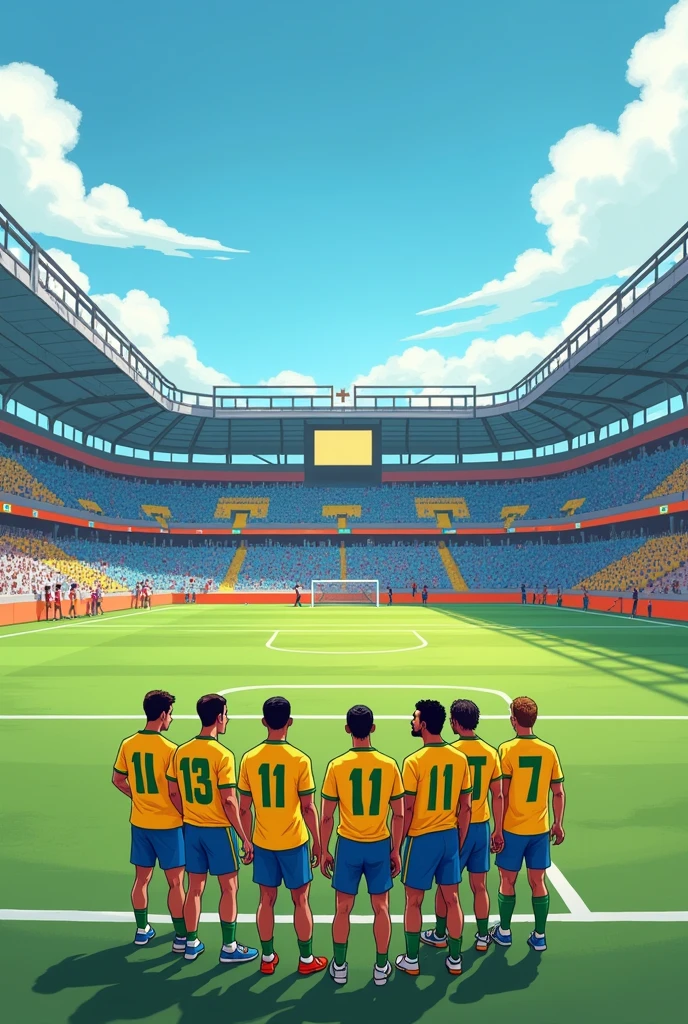 a cartoon depicting an empty football field, with Brazilian football players discouraged around, while in the background we see athletes from other sports (like gymnastics, swimming, track and field) preparing for the Paris 2024 Olympics. This would highlight the diversity of sports present at the Olympic Games and the need for investment and appreciation of other sports in Brazil..