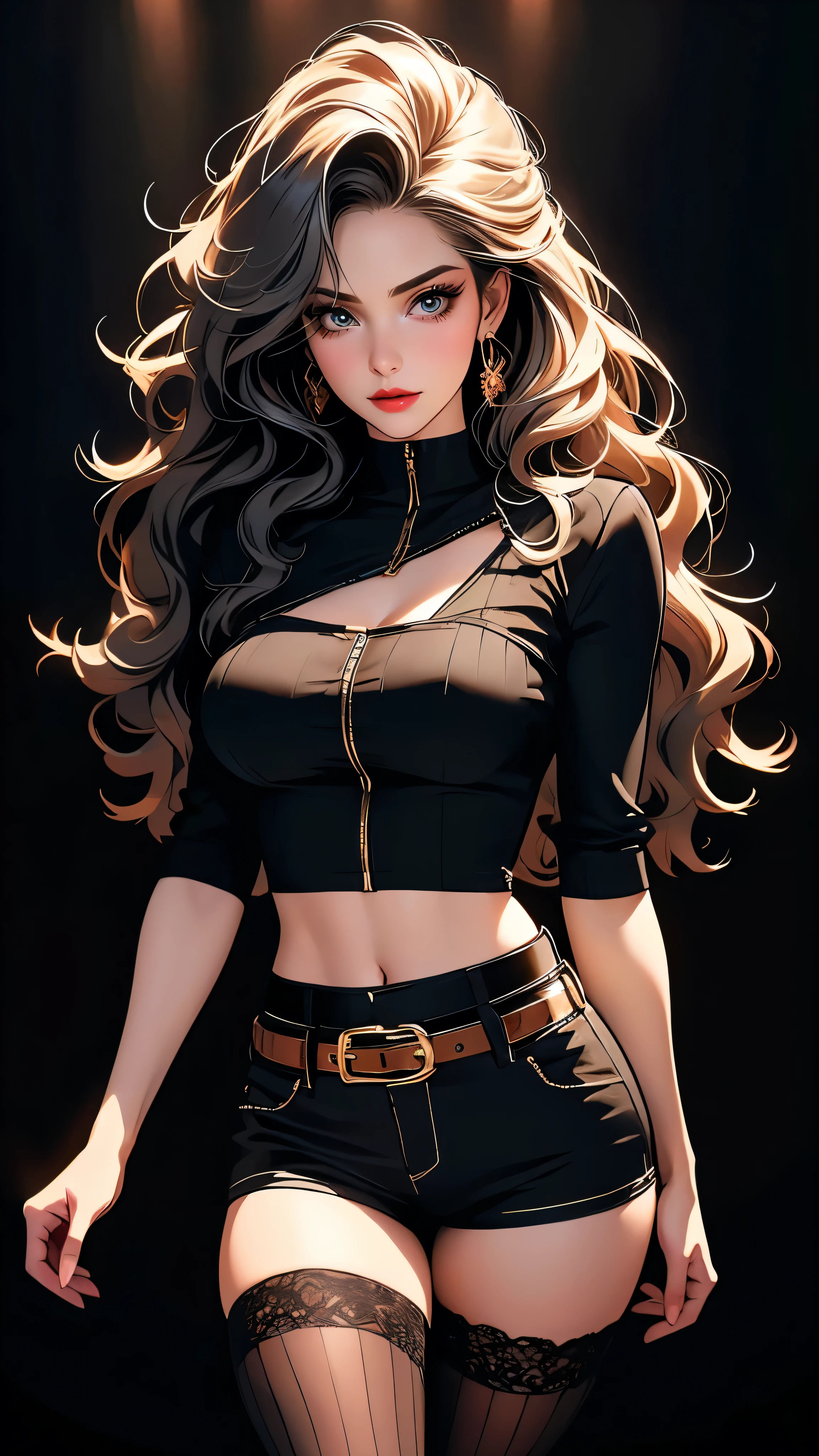 a beautiful young woman with striking, detailed eyes, wearing striped thigh-highs, red and white striped stockings, shorts, a black crop top tucked into the shorts, and a belt, with long curly hair, beautiful detailed eyes and lips, an extremely detailed face, long eyelashes, medium bust, nipples covered, under studio lighting, highly detailed, cinematic lighting, photorealistic, realistic skin texture, in a dynamic pose, with intricate details, a warm color palette, glowing skin, hyper detailed, vibrant colors, award winning photography, ethereal, elegant, alluring, portrait. Освещение в изображении должно быть мягким и атмосферным., создание мистической и сказочной атмосферы. - мистическая атмосфера. Изображение должно было иметь общее ощущение мистики и потустороннего мира., с еще большим количеством элементов фэнтези. (Идеальные детали: 1.1), (красивый и четкий фон: 1.2), (Чрезвычайно детализированная компьютерная графика, Ультра подробный, лучшая тень: 1.1), (мелко детализированные красивые глаза), ( полнометражный 1.1)