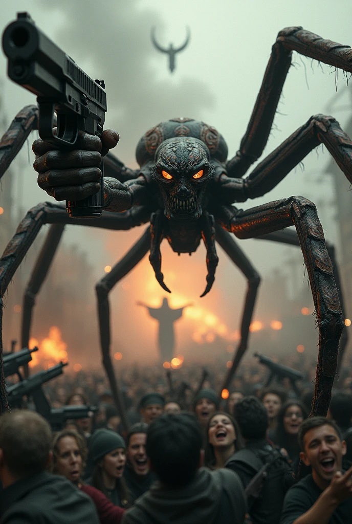 A spider has a gun in his hand, he wants to dominate the world and armies appear to kill the spider and people run from the spider and Jesus appears.