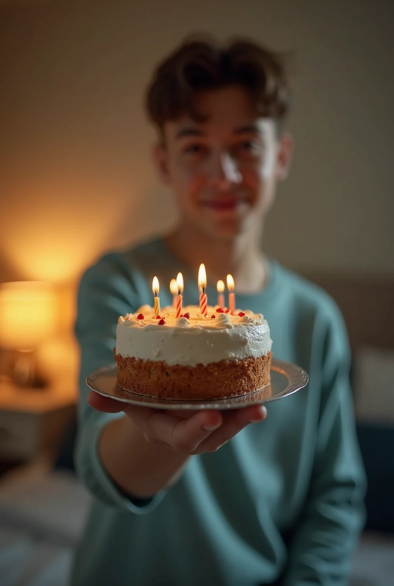 I want you to take a photo of a young man's arm with a small birthday cake in the background of his room.. But I want the photo to be from the position or perspective that only the arm is seen and not the person.. But with the cake a little bigger so that at least it covers your hand. and. Let the person come out, only his arm.
I don't want the person to appear in the photo, sino only his arm