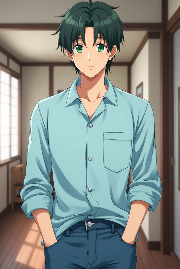 Medium hair boy, anime style and Japan style, with green eyes, light blue dress shirt with 3 buttons on the collar and jeans, smiling with his mouth closed, embarrassed and 35 years old.