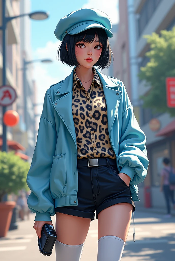 Female character with short black hair and a light blue Russian hat , Black shorts with white high socks and black moccasin shoes and a leopard print shirt and a light blue sweater