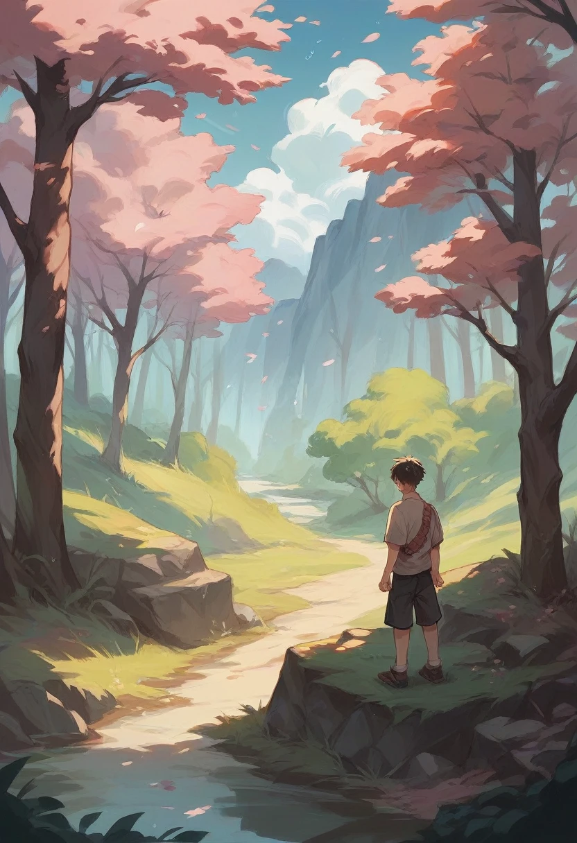 Short dragon interacting with a human In a forest with cherry blossom trees