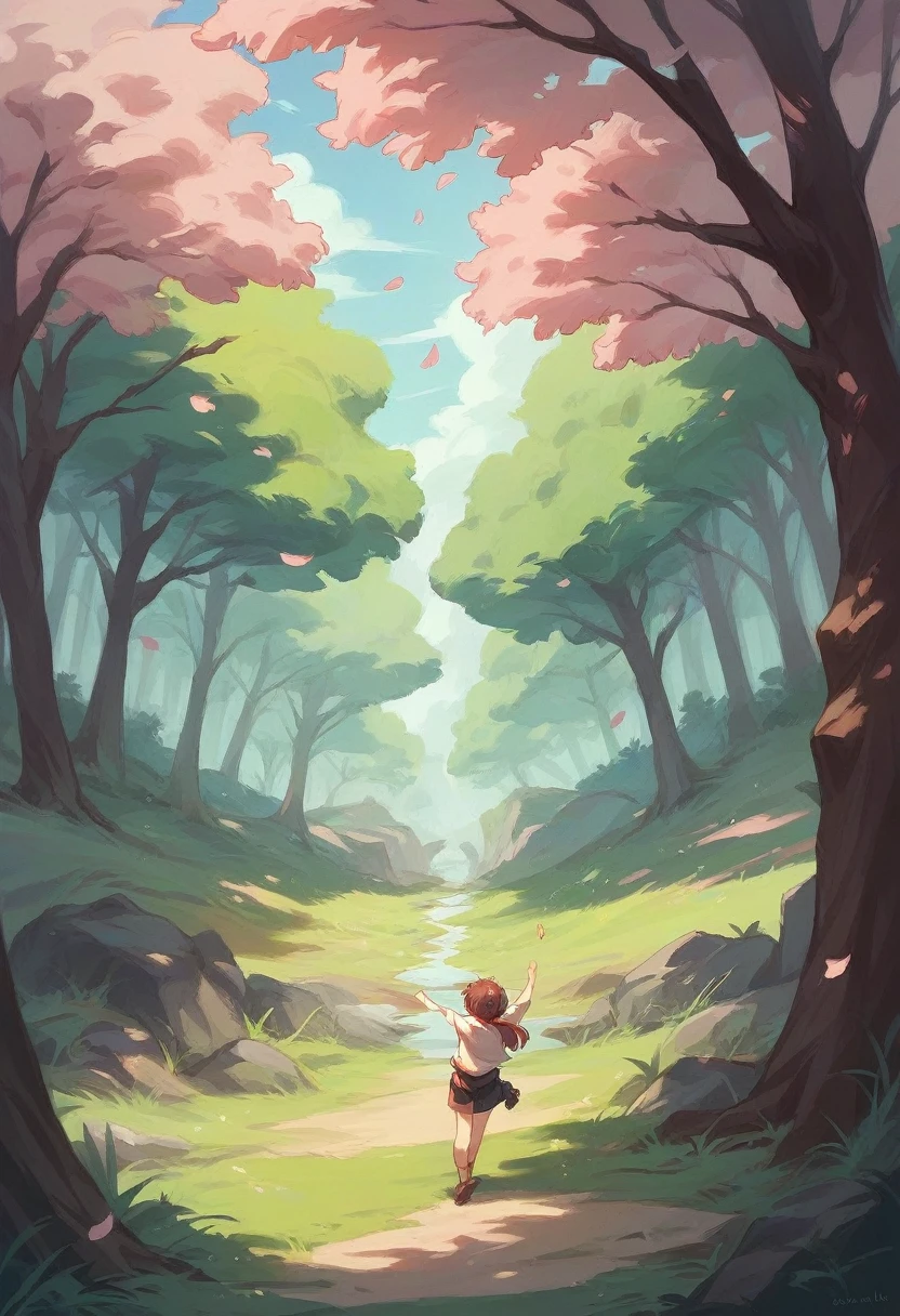 Short dragon interacting with a human In a forest with cherry blossom trees
