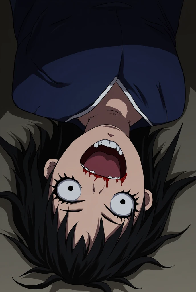 Danganronpa Mioda Ibuki strangled, saliva, wide eyes open, mouth open, saliva, body on the ground.