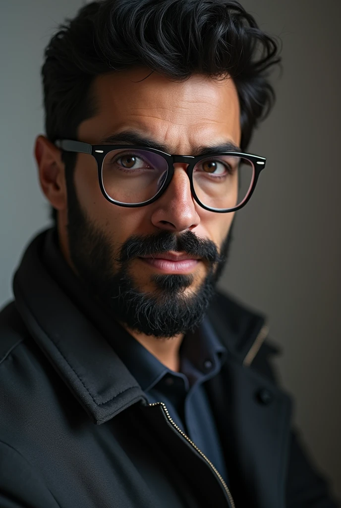 one men,Bblack hair,beard, big forehead,and glasses