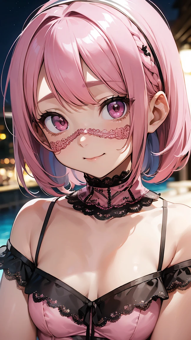 (4K quality:1.3),(Highest quality:1.3),(albino),(Whitening),(:1.3),rich,Upper Body,smile,Overflowing breasts,(jewelry),Captivate a man,(Con Cafe:1.5),(Celebrities:1.4),(thin:1.2),(Tight waist:1.4,(Night viewの良いホテル:1.1),(luxury:1.2),(Arisa Hanyu:1.5),(anorexia:1.4),(Night view:1.3),(Close up on face:1.2),Catchlight,(Child face:1.6),(smile:1.1),(Lori:1.5),(Pink Hair:1.6),(Short Hair),(Deep pink eyes:1.4),(2D cuteness:1.5),(Cute Makeup),Beautiful fingertips,Black lace collar,(Young:1.1),(Short stature girls:1.2),(Lace Mask:1.3)