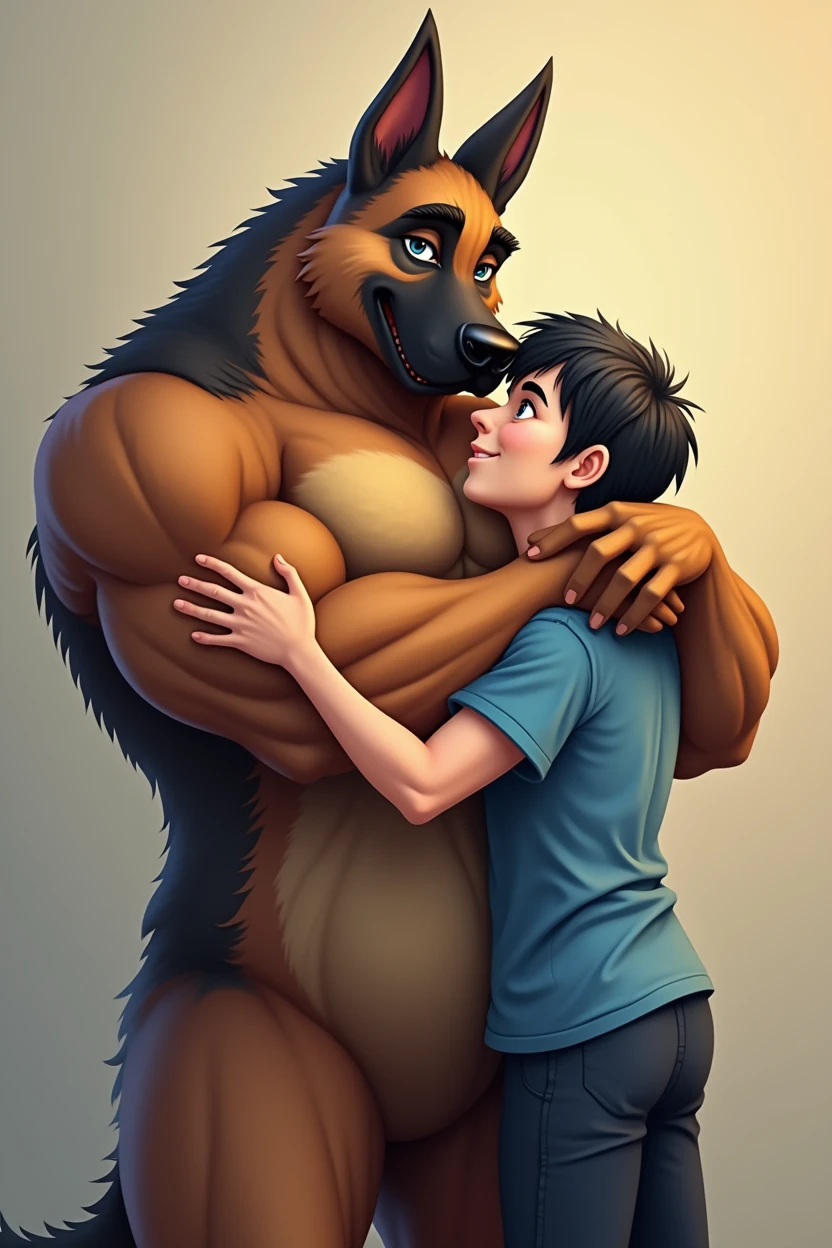 Big Men, men furry design character, furry German shepherd dog, he has big muscles, his body is big and buff, he is a father, dad, daddy, the character Is a Boyfriend, he Is kissing a boy, the boy has black hair and a blue t-shirt