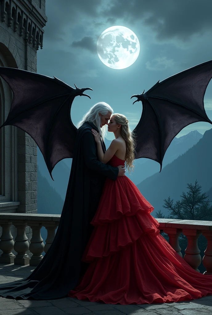 A Male vampire with long white hair and batwings standing with a blonde woman on a castles balcony and they are shadows. The woman has a red ballgown on her. The vampires batwings are around the woman's body and they are close to eachother. From the balcony, you can see the moon and the dark sky, aswell as the mountains and trees.