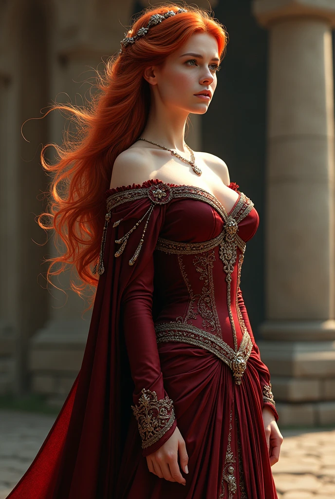 Make a beautiful Queen with a medieval sorceress style outfit with red hair turned away from you with a nice ass 