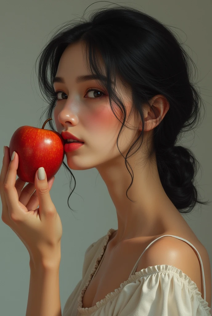 Le visage et le cou d'une femme vu de profil. Celle-ci tient une pomme en face de son visage. Son regard est diriger vers nous, sur le côté et elle a un sourire en coin
