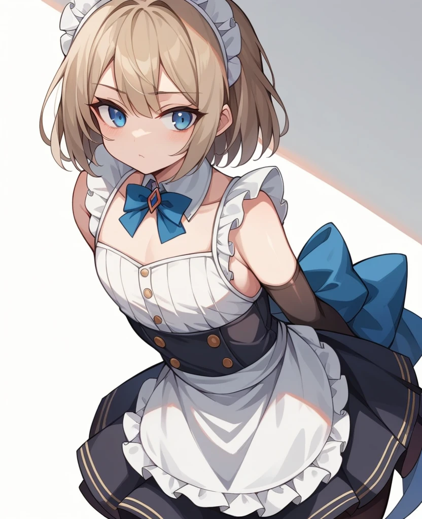 long medium length hair、(sidelock)、(light brown hair)、(sidelock)、((boyish))、((flat chest))、maid、No sleeve、mini skirt、White sleeveless、hose、(long gloves)、say、blue eye、arm behind back、(coarse hair)、20-year-old、curvy、Broad shoulders、White Background、