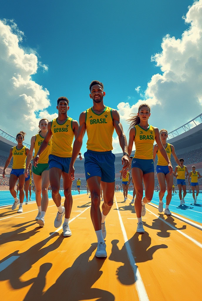 while in the background we see athletes from other sports (like gymnastics, swimming, track and field) preparing for the Paris 2024 Olympics. This would highlight the diversity of sports present at the Olympic Games and the need for investment and appreciation of other sports in Brazil..