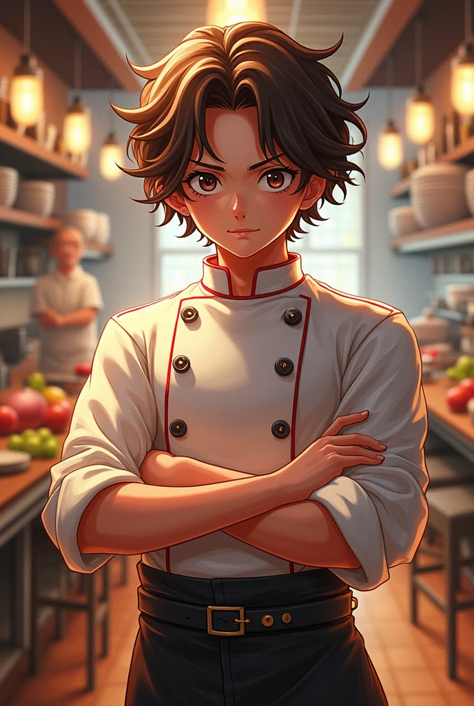 Character with one piece trait, wavy brown hair, in chef's clothes