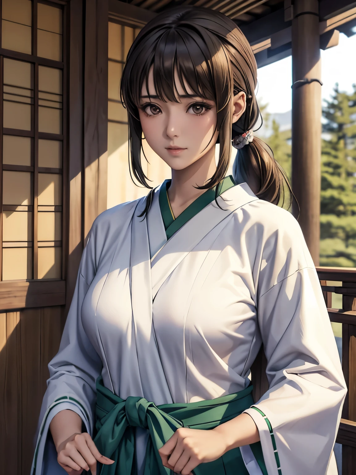 [Core Concept] A portrait of the Shinto priestess Yuri Mariya, dressed in traditional Japanese garments and accessories.

[Character Description] Yuri Mariya is depicted with long, dark hair tied in a low ponytail, accentuated by delicate hair tubes. Her serene expression and elegant features convey a sense of spiritual purity and inner calm.

[Environment/Background] The background is left unspecified, allowing the focus to remain on the subject and her attire.

[Style and Atmosphere] The overall style is realistic and detailed, with a sense of reverence and contemplation surrounding the Shinto priestess.

[Composition] The composition places Yuri Mariya as the central focus, with her traditional Japanese clothing and accessories filling the frame and commanding the viewer's attention.

[Details and Embellishments] Yuri Mariya wears a green hakama, a type of traditional Japanese pleated skirt, along with other traditional Shinto garments. The hair tubes and low-tied hair add subtle elegance and symbolic significance to the image.

[Technical Specifications] The image is a high-resolution, photorealistic digital painting, showcasing the intricate details and textures of Yuri Mariya's attire and appearance.