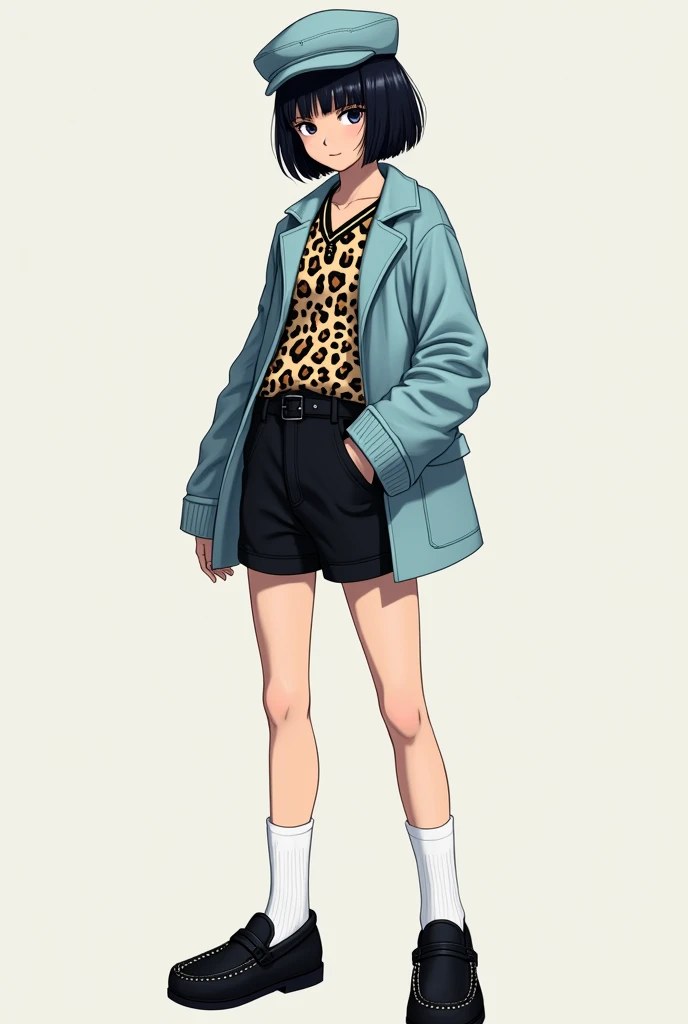 Female character with short black hair and a light blue Russian hat , Black shorts with white high socks and black moccasin shoes and a leopard print shirt and a light blue sweater