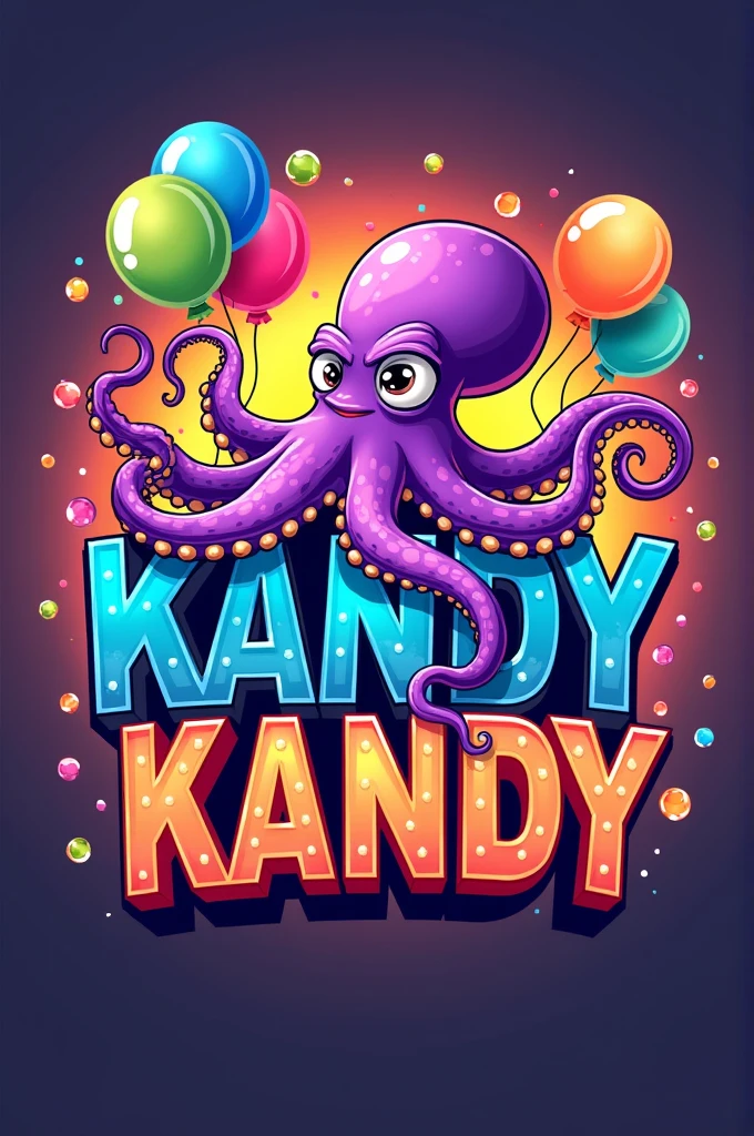 I need a logo that has the main name KANDY, where an octopus is on the letter K, holding balloons and a bottle, that it has a festive atmosphere since it is for a crazy hour company