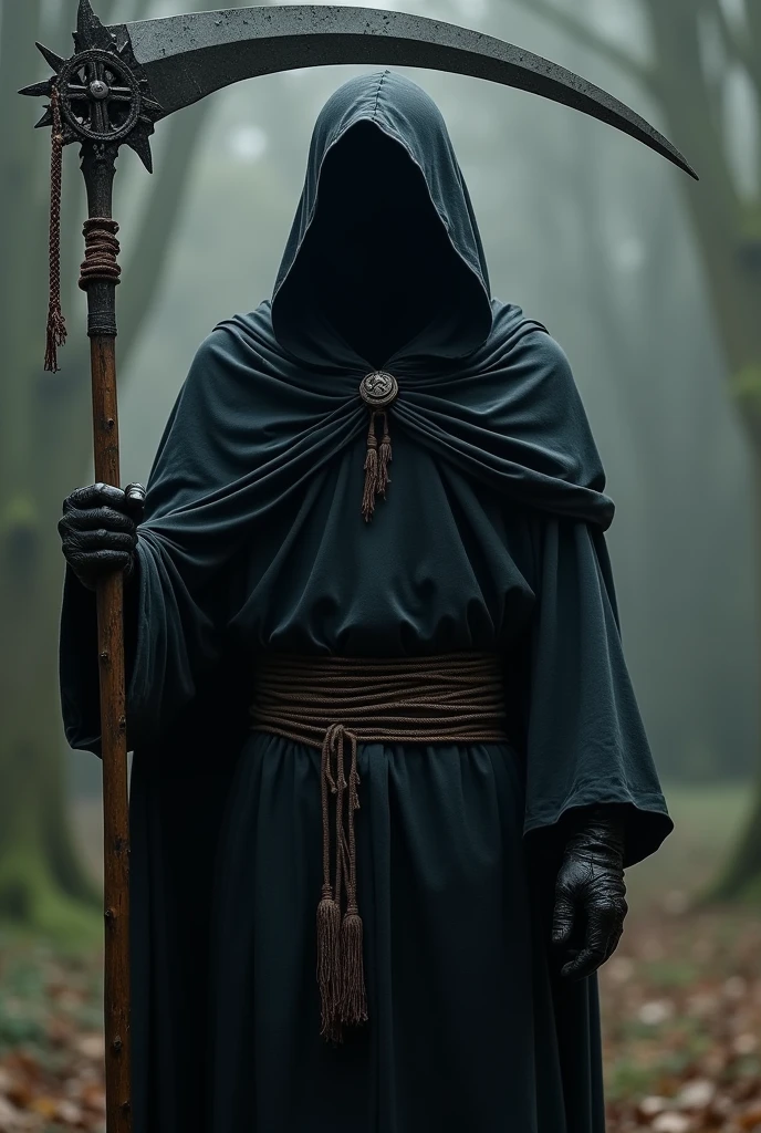 The personification of Death in his black hooded costume, holding a big scythe