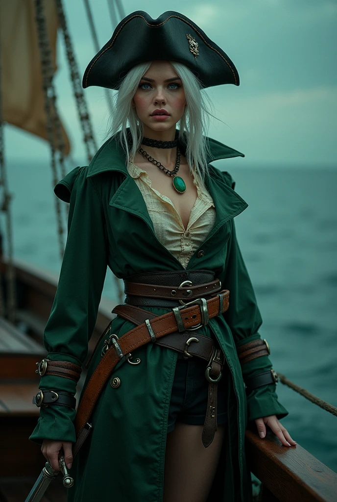 Best Quality, masterpiece, ultra high resolution, (reality: 1.4), Photo original, 1 girl, Dressed as a pirate, pirate hat,jade stone on the neck,sexy,futuristic background,on a wooden boat,green eyes,captain..galleon , White hair, small scar on his face,war sword,realist .whole body,Boots,green trench coat..at night..