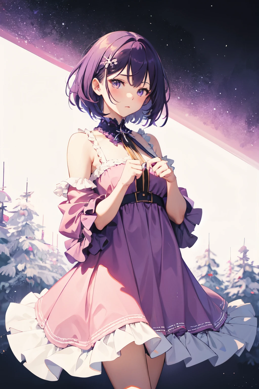 Girl with short purple hair in pink dress, beautiful advanced background in purple color, Ultra-high image quality, looks away from the camera