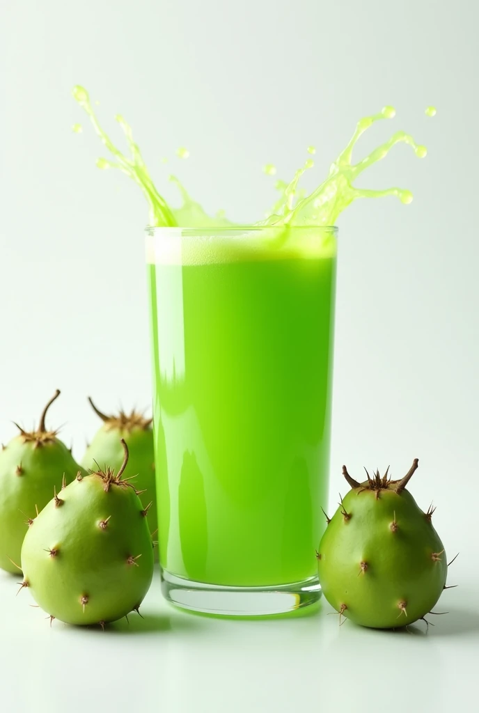 Splash of Mexican green prickly pear juice isolated, glass with Mexican green prickly pear juice and Mexican green prickly pears for decoration on white background ai generative.