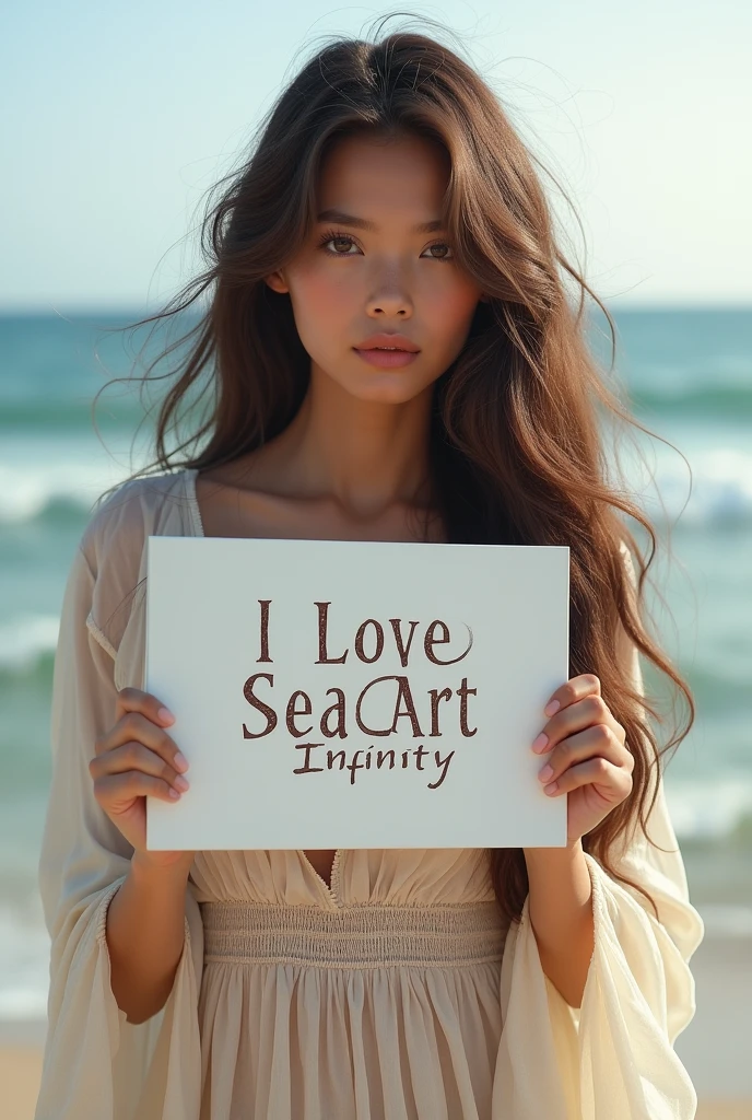 Beautiful girl with wavy long hair, bohemian dress, holding a white board with text "I Love Seaart Infinity" and showing it to the viewer