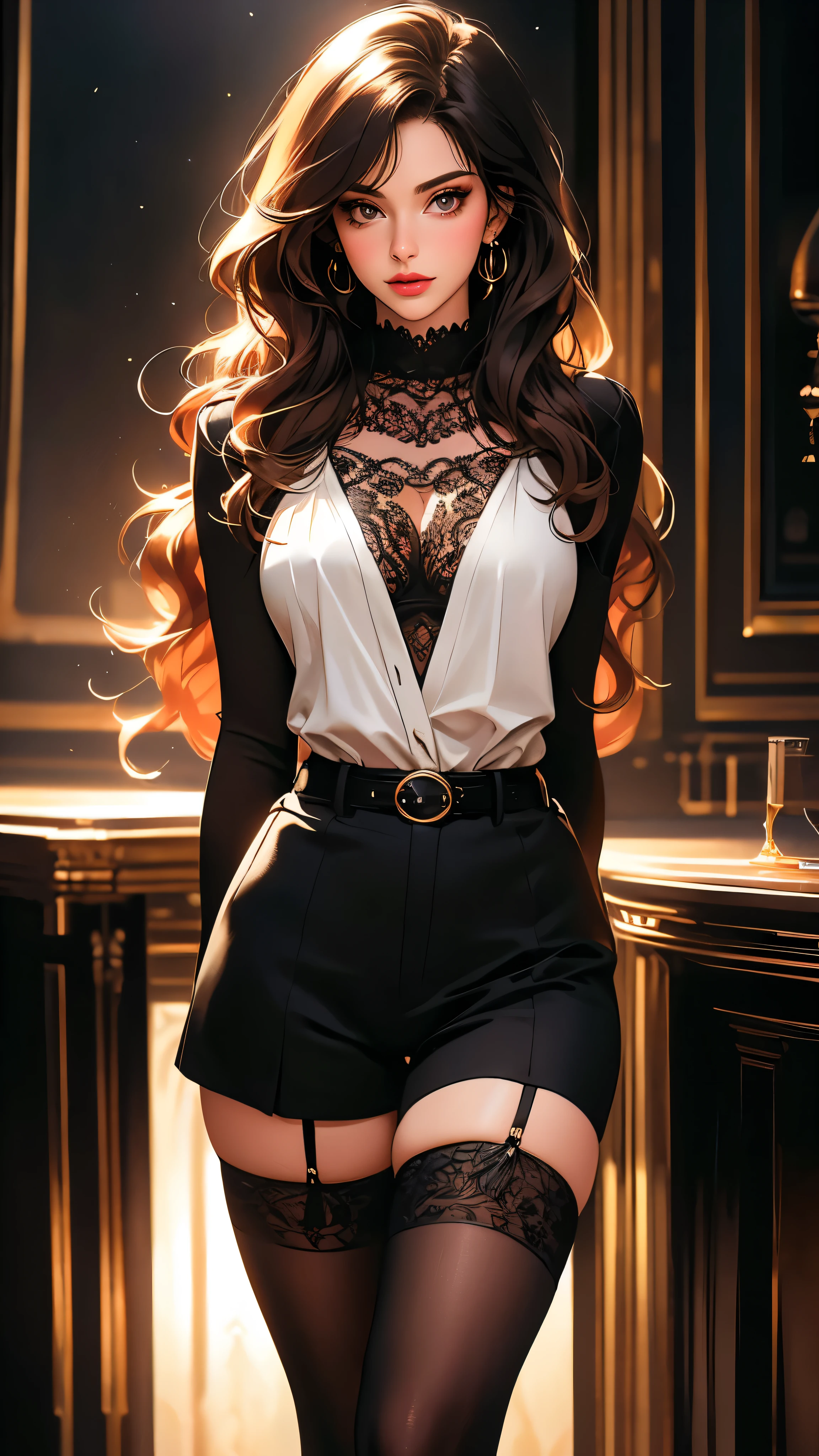 a beautiful young woman with striking, detailed eyes, wearing striped thigh-highs, red and white striped stockings, shorts, a black crop top tucked into the shorts, and a belt, with long curly hair, beautiful detailed eyes and lips, an extremely detailed face, long eyelashes, medium bust, nipples covered, under studio lighting, highly detailed, cinematic lighting, photorealistic, realistic skin texture, in a dynamic pose, with intricate details, a warm color palette, glowing skin, hyper detailed, vibrant colors, award winning photography, ethereal, elegant, alluring, portrait. Освещение в изображении должно быть мягким и атмосферным., создание мистической и сказочной атмосферы. - мистическая атмосфера. Изображение должно было иметь общее ощущение мистики и потустороннего мира., с еще большим количеством элементов фэнтези. (Идеальные детали: 1.1), (красивый и четкий фон: 1.2), (Чрезвычайно детализированная компьютерная графика, Ультра подробный, лучшая тень: 1.1), (мелко детализированные красивые глаза), ( полнометражный 1.1)