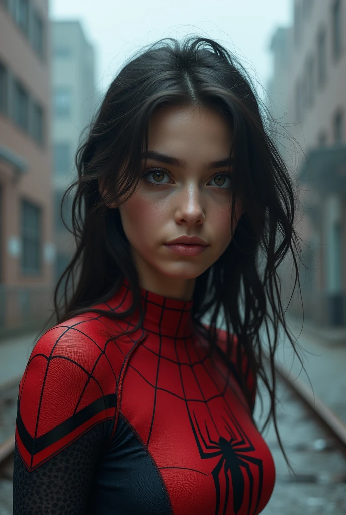 (1 girl:1.3), standing alone, (((extreme detailed face))),(((olhos e extreme detailed faces))),comely detailed eyes,Body parts__, offcial art, Unified 8k wallpaper, super verbose, comely and aesthetic, comely, work of art, best qualityer, CRU, work of art, super fine photo, best qualityer, super high resolution, photorealistic realism, lighting sun, full - length portrait, wonderful beauty,, dynamic pose, 精致的面容, vibrant eyes, (From the front), she is wearing a Spider-Man costume, esquema de cores vermelho e preto, Spiderwomam, very detailed abandoned warehouse background, face detailed, detailed complex busy background, messy, marvelous, White milk, highly detailed skin, Realistic skin details, visible pores, sharp focus, volumetric Fog, 8k hd, dslr, high qualiy, film grain, skin fair, Photographic realism, Lomography, huge metropolis in future dystopia, viewed from below, translucent