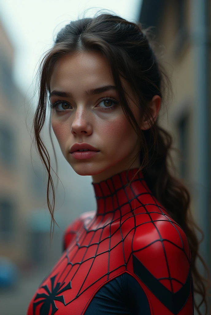 (1 girl:1.3), standing alone, (((extreme detailed face))),(((olhos e extreme detailed faces))),comely detailed eyes,Body parts__, offcial art, Unified 8k wallpaper, super verbose, comely and aesthetic, comely, work of art, best qualityer, CRU, work of art, super fine photo, best qualityer, super high resolution, photorealistic realism, lighting sun, full - length portrait, wonderful beauty,, dynamic pose, 精致的面容, vibrant eyes, (From the front), she is wearing a Spider-Man costume, esquema de cores vermelho e preto, Spiderwomam, very detailed abandoned warehouse background, face detailed, detailed complex busy background, messy, marvelous, White milk, highly detailed skin, Realistic skin details, visible pores, sharp focus, volumetric Fog, 8k hd, dslr, high qualiy, film grain, skin fair, Photographic realism, Lomography, huge metropolis in future dystopia, viewed from below, translucent