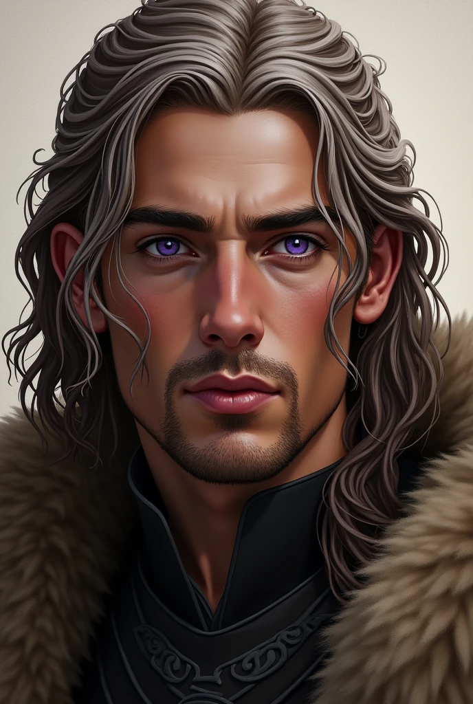 Aegon Targeryan's appearance in the story: Brown hair with white streaks that will darken over time, Violet eyes and slightly dark skin.