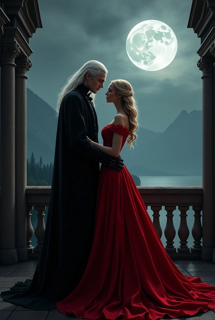 A Male vampire with long white hair and batwings standing with a blonde woman on a castles balcony and they are shadows. The woman has a red ballgown on her. They are close to eachother. From the balcony, you can see the moon and the dark sky, aswell as the mountains and trees.
